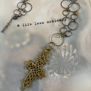Ethiopian Brass Coptic Cross Statement Necklace with Circular Chain: Never Worn
